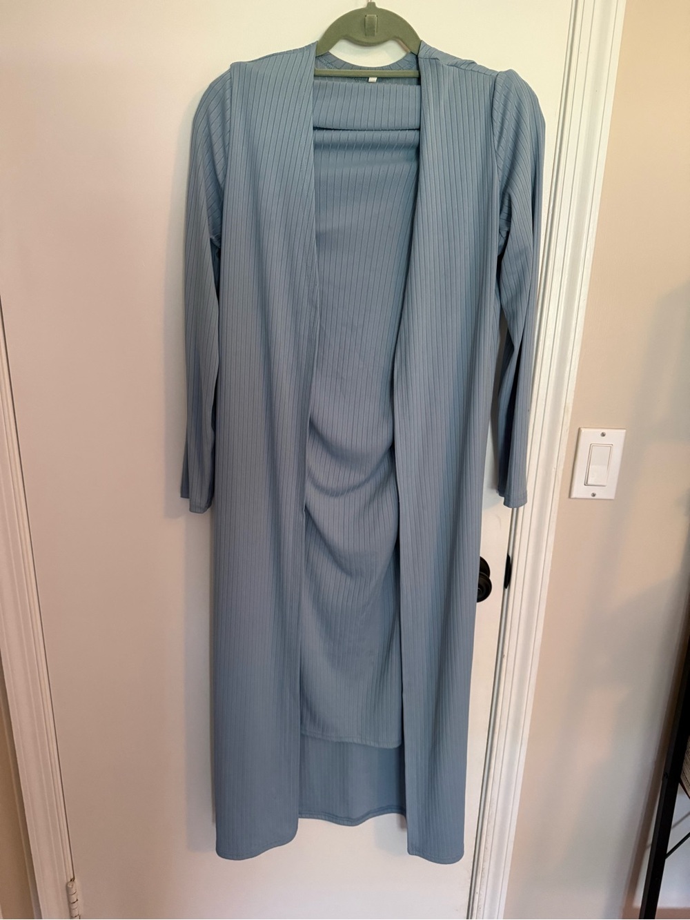 Maternity Light Blue Ribbed Open-Front Duster Cardigan with strapless dress